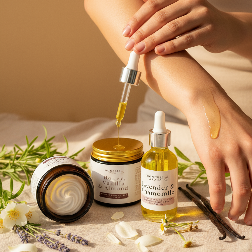 Skincare products with a dropper and jar on a textured surface with flowers and vanilla beans.
